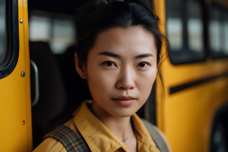 Portrait of young Asian woman looking at camera in front of school busの素材