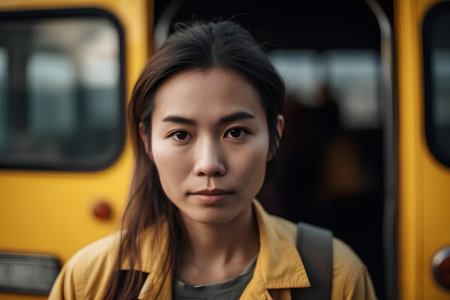 Portrait of a young asian woman standing at school bus stop.の素材