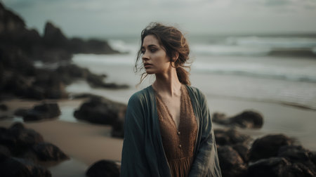 Portrait of a beautiful young woman on the beach at sunset.の素材