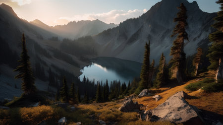 Beautiful lake in mountains at sunset, Kyrgyzstan.の素材