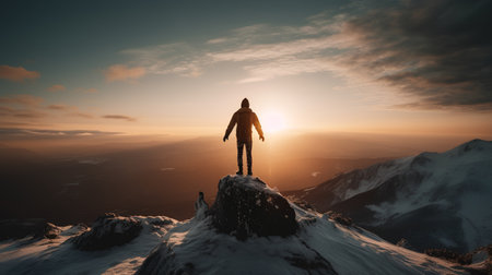 Man standing on top of a mountain and looking at the sun.の素材