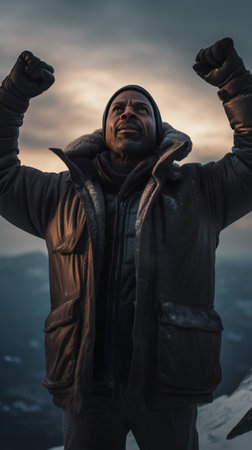 Happy man in a warm jacket standing on the top of a snowy mountain at sunset.の素材