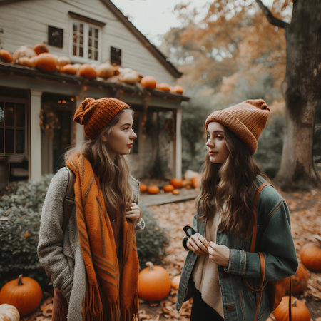 Two beautiful young women in hats and scarves on the background of a wooden house with pumpkinsの素材