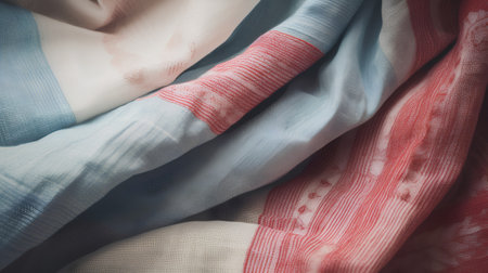 Closeup of colorful fabric, textile background. Selective focus.の素材