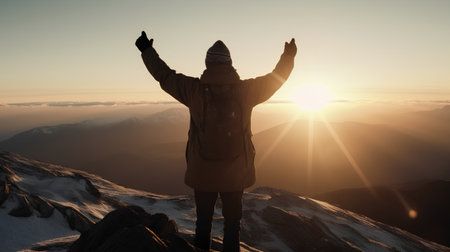 Hiker on top of mountain with hands raised up in the airの素材