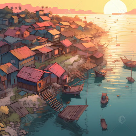 Fishing village in the sea at sunset. 3d illustration.の素材