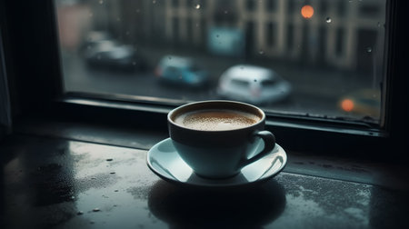 Cup of coffee on the windowsill with raindrops in the backgroundの素材