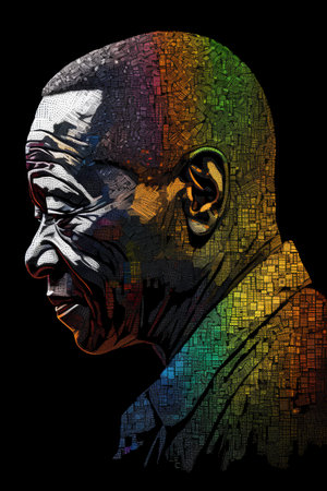 Human head made of colorful pixels. 3D illustration. Isolated on black background.の素材
