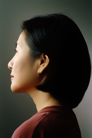 Portrait of a beautiful Asian woman with long black hair looking upの素材