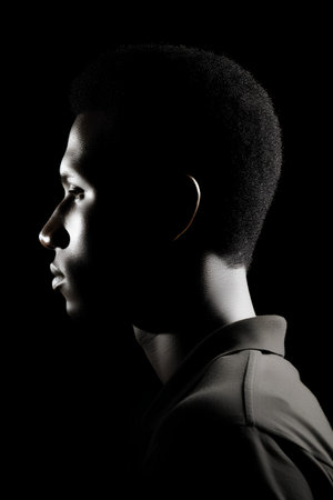 Portrait of a young African American man in a dark background.の素材