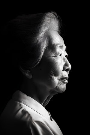 Portrait of an elderly woman on a black background. Monochrome.の素材