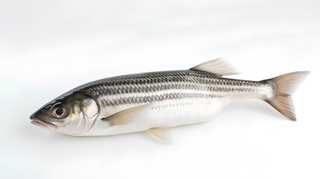 Fresh sea bass fish isolated on a white background. Studio shot.の素材
