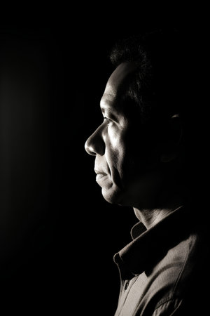 Portrait of a man in profile on a black background. Monochrome.の素材