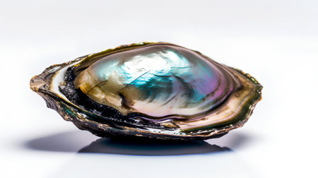 Opened oyster shell on white background, close-up.の素材