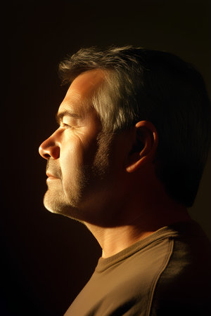 Profile portrait of a middle-aged man with closed eyes on a dark backgroundの素材
