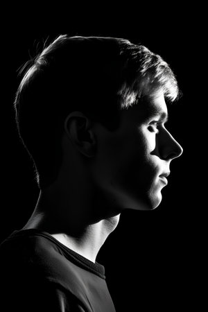 Portrait of a young man in profile on a black background.の素材