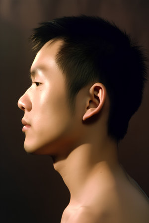 Portrait of a handsome young asian man, isolated on black backgroundの素材