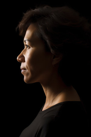 Portrait of a beautiful dark-haired woman on a black backgroundの素材
