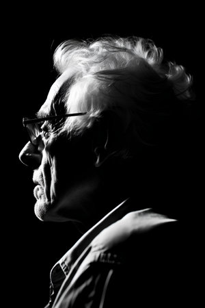 Portrait of an old man on a black background. Monochrome.の素材