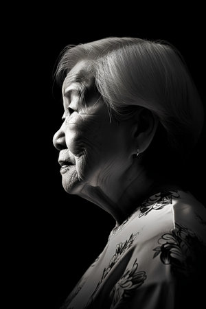 Portrait of an old woman on a black background. Monochrome.の素材