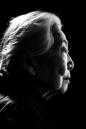 Portrait of an elderly woman on a black background. Monochrome.の素材
