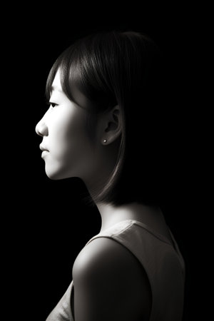 portrait of a beautiful young asian woman on a black backgroundの素材