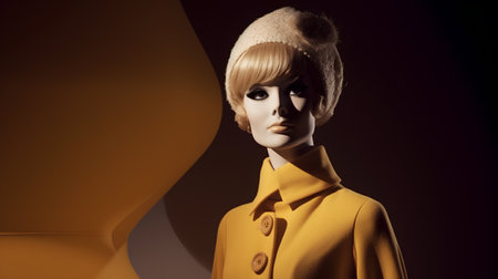 Mannequin in yellow coat and hat on a dark background.の素材