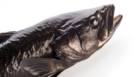 Fish head on a white background. Close-up. Studio photography.の素材