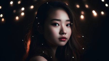 Portrait of a beautiful asian woman on black background with lightsの素材