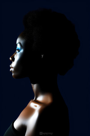 Portrait of a beautiful african american woman on a dark background.の素材
