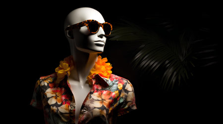 fashion mannequin wearing sunglasses and floral shirt with tropical leaves on black backgroundの素材