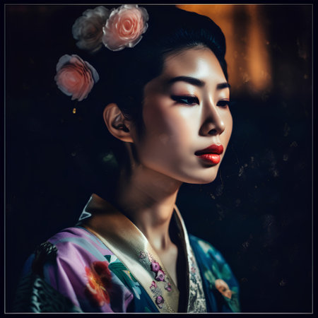 Asian woman in kimono with flowers in her hair on dark backgroundの素材