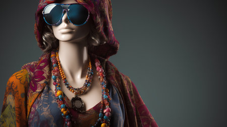 Fashion shot of a beautiful female mannequin wearing colorful clothes and sunglasses.の素材