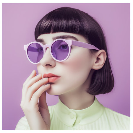 Portrait of a beautiful young woman in pink sunglasses on a purple backgroundの素材