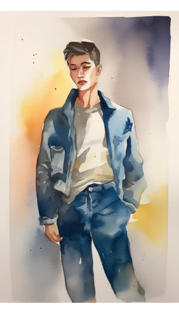 Watercolor illustration of a young man in a shirt and jeans.の素材
