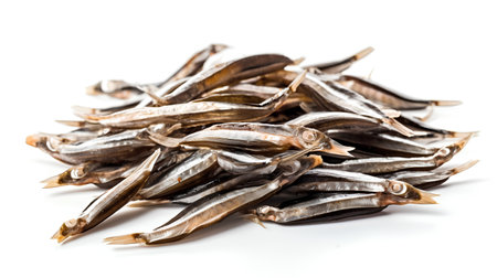 Dried anchovies isolated on white background. Close up studio shot.の素材