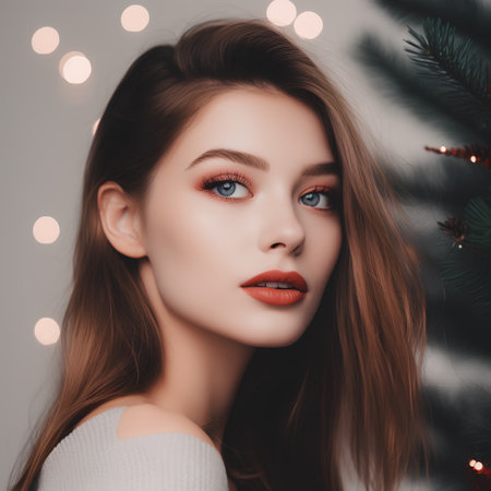 Portrait of beautiful young woman with christmas tree on background.の素材