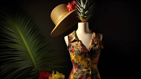 Tropical fashion background with mannequin wearing hat and flowersの素材