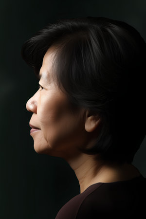 Portrait of a middle-aged Asian woman on a dark backgroundの素材