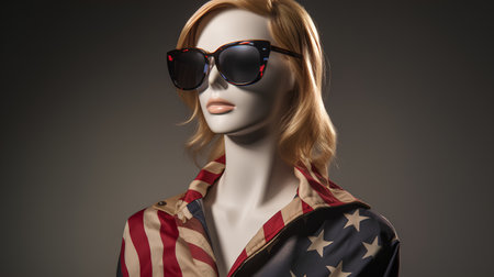 Fashion photo of a female mannequin wearing sunglasses and American flag.の素材