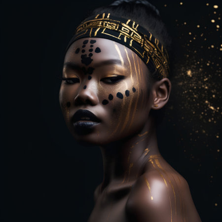 Beauty portrait of young african american woman with gold bodyart.の素材