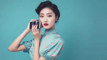 Portrait of beautiful asian woman with vintage camera on blue backgroundの素材