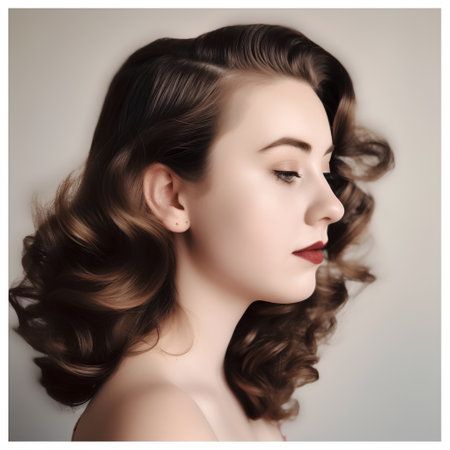 Portrait of a beautiful young woman with long brown curly hair.の素材