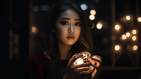 Beautiful asian woman holding a christmas ball in the nightの素材
