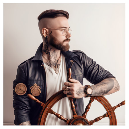 Handsome bearded tattooed man holding steering wheel and looking awayの素材