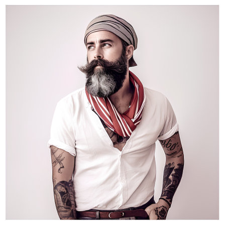 Portrait of a stylish bearded man with tattooed arms and moustache.の素材