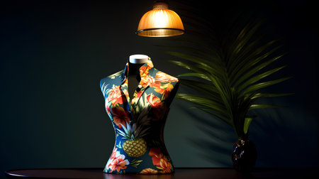 Fashion mannequin with floral dress and night lamp on black backgroundの素材