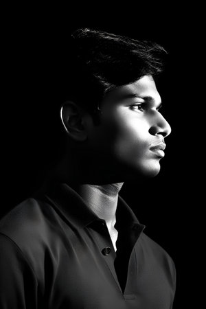 Portrait of a young man in a black shirt on a black backgroundの素材