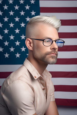 Portrait of a handsome young man in glasses. American flag background.の素材