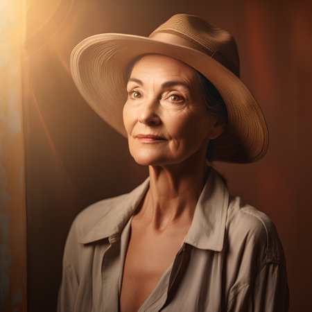 Portrait of a beautiful senior woman in hat. Beauty, fashion.の素材